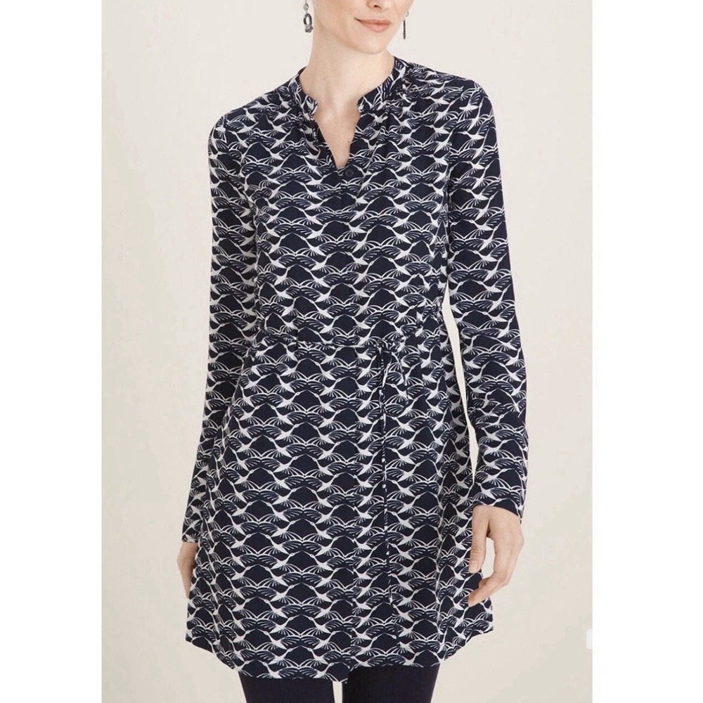 Chicos Size-2 Womens Tunic Geometric Bird Navy Blue White